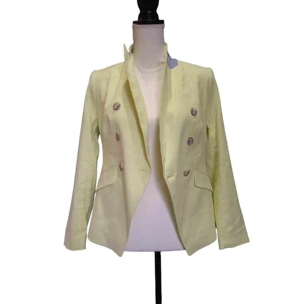 Linen Blazer Women’s Petite 4P Double Breasted Yellow Tailored Banana Republic